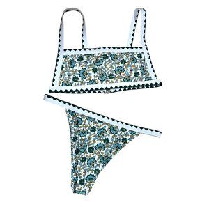 Floral Cheeky Bikini Sexy Swimsuit Green White Size Small NWOT